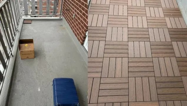 Balcony before and after installing interlocking deck tiles